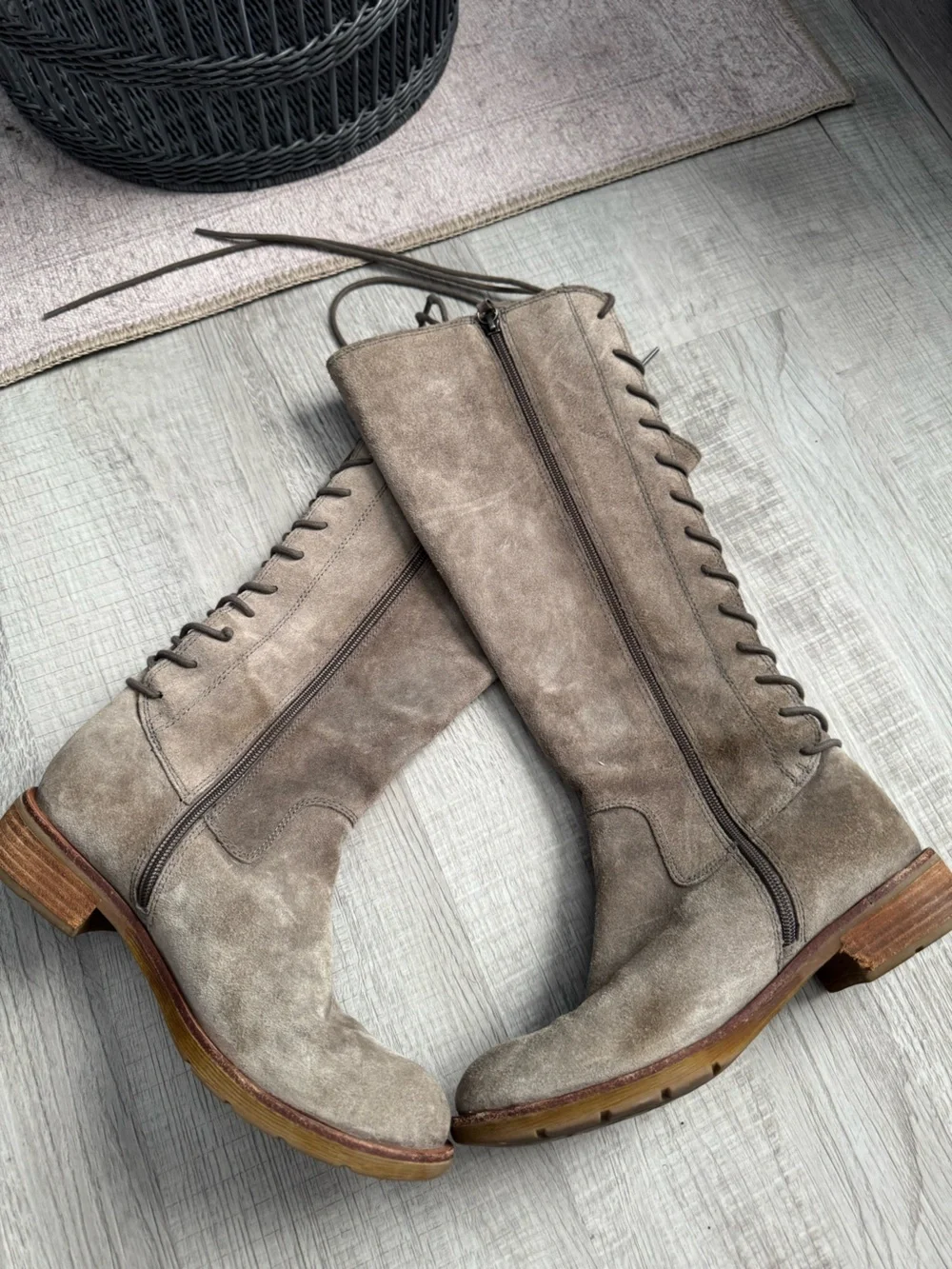 Sofft Women’s Taupe Suede Knee-High Lace-Up Boots